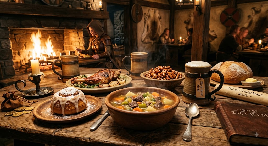 タムリエル風の食堂に並ぶシチューやロースト肉、スイートロール、ハチミツ酒などSkyrim料理のイメージ