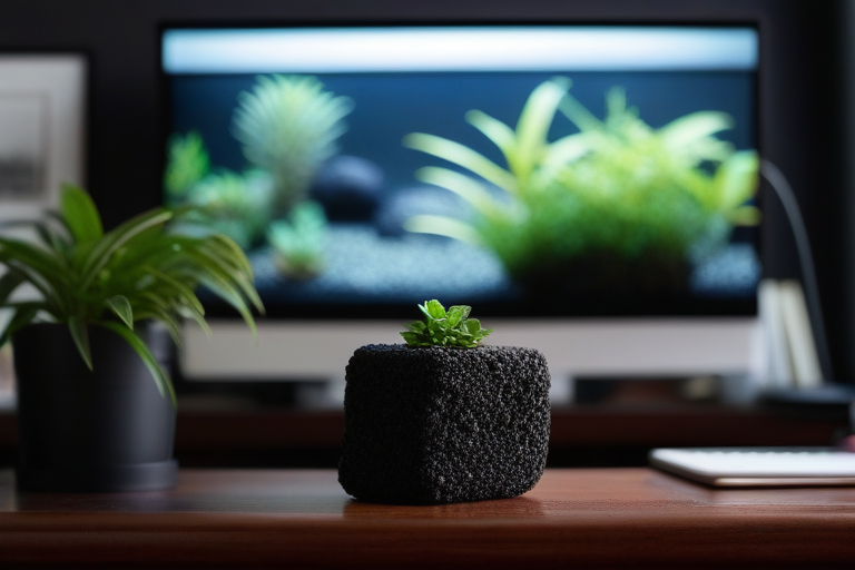 机の上に置かれた黒い溶岩石と、水草の画像を映した画面