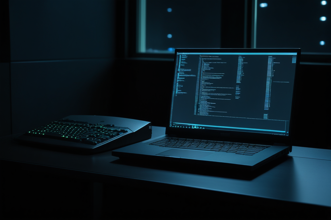 暗い部屋でターミナル画面を開いたノートPCと小型サーバー