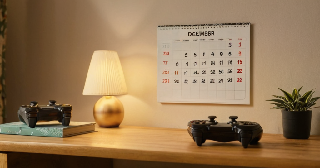 12月のカレンダーとゲームのコントローラー