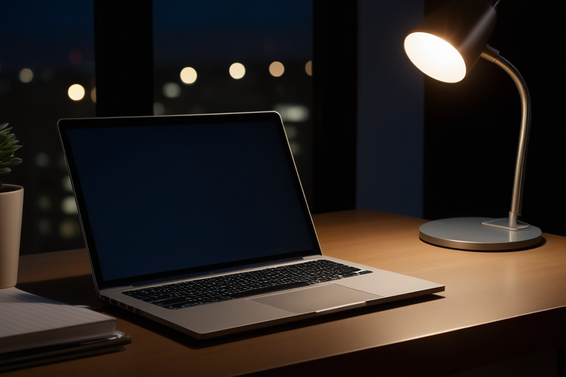 夜の机に置かれたノートPCとコーヒー