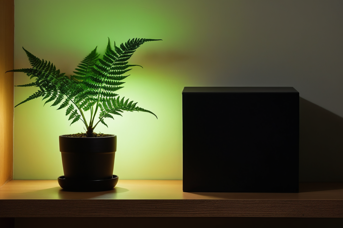 木の棚に置かれた小型機器と観葉植物