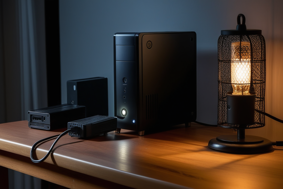机の上のミニPCと外付けハードディスク