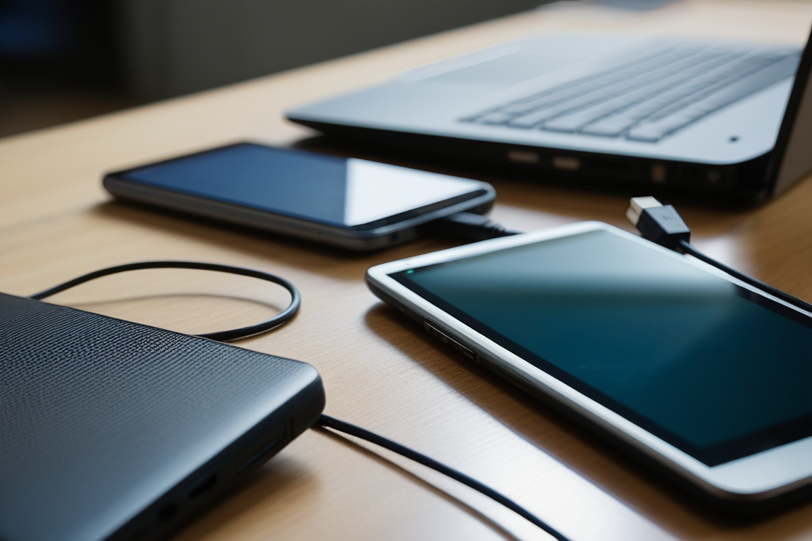 作業台に並ぶ複数のスマートフォンとノートPC