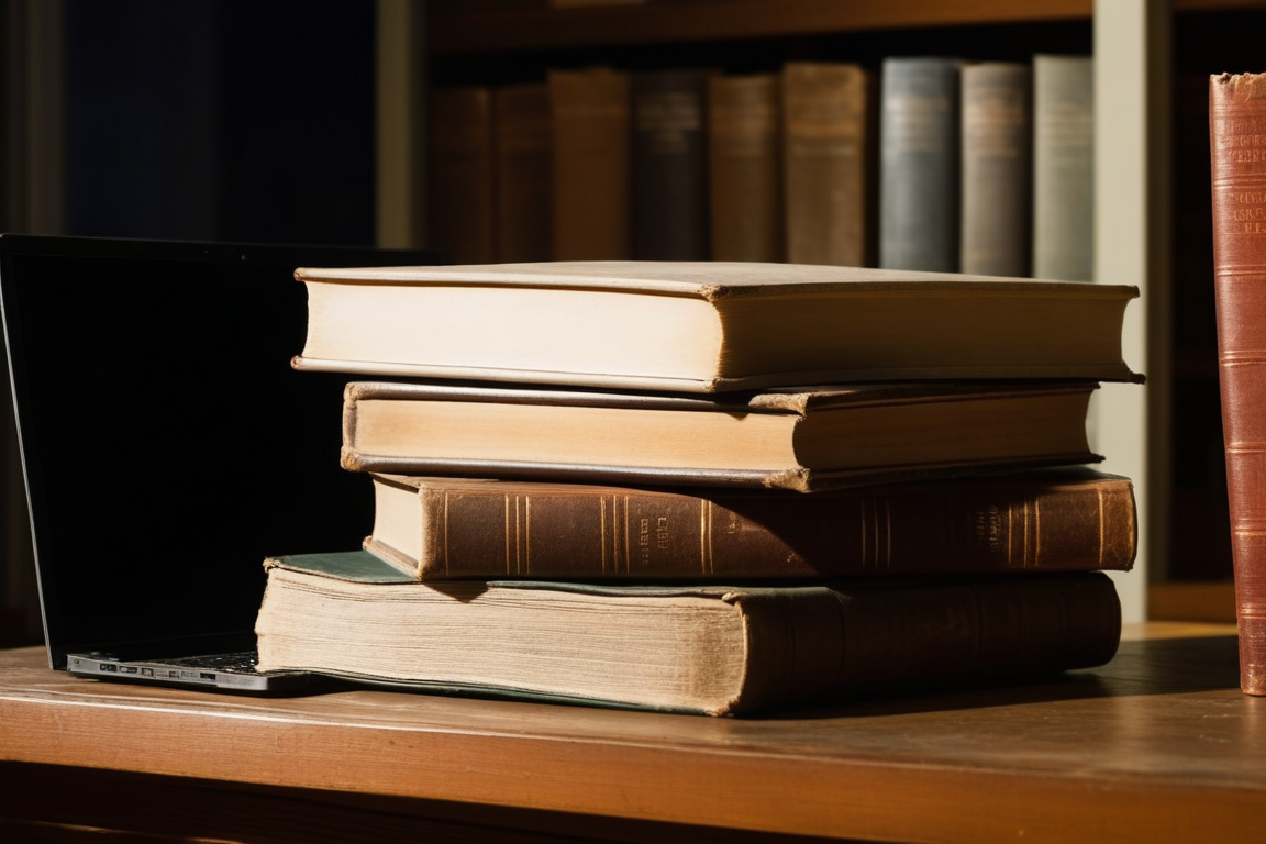 図書館の机に積まれた古い本とノートパソコン
