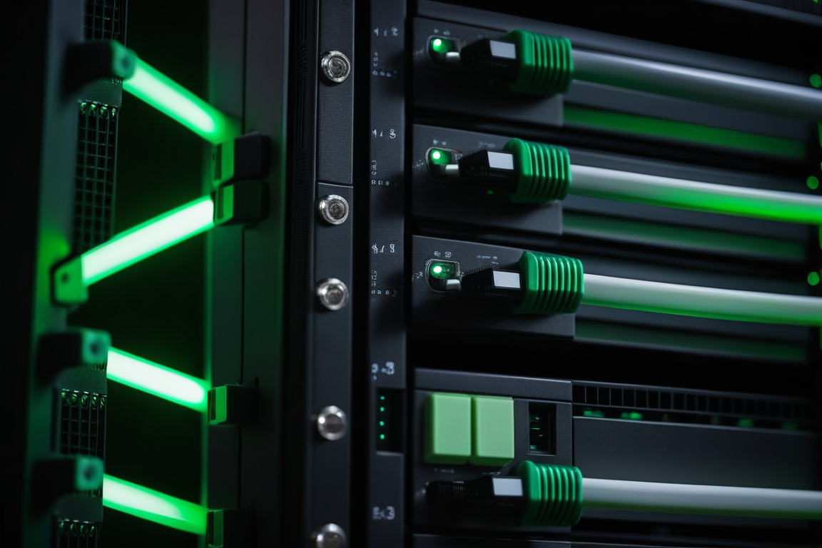 データセンターのサーバーとネットワークケーブル
