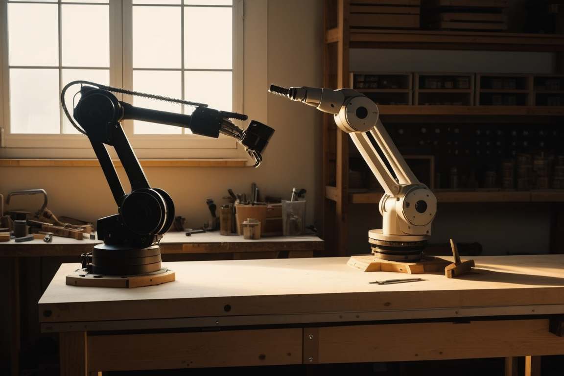 作業台の上に並ぶロボットアームと手工具