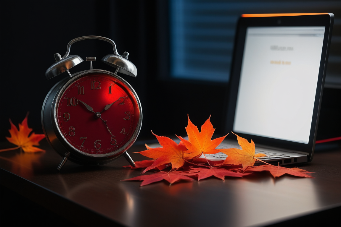 夜の机に散らばる紅葉と置き時計