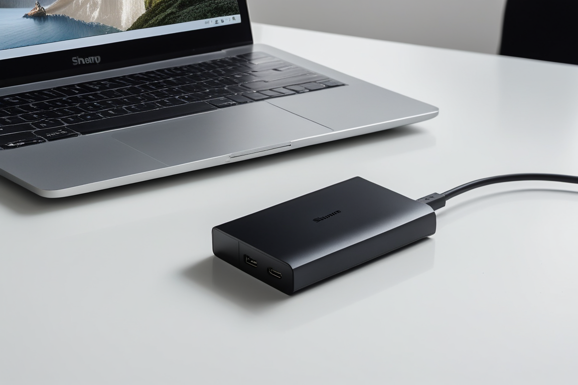 ノートパソコンにUSBケーブルでつないだ小型の外付けSSD