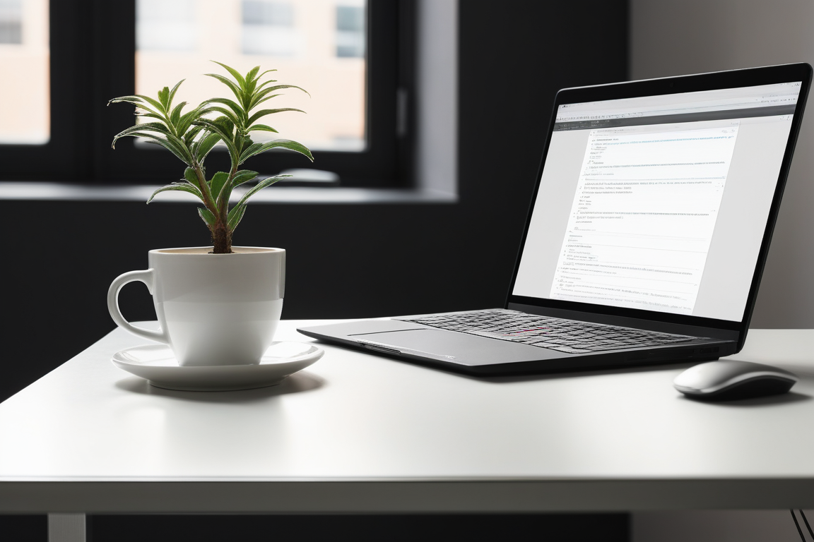 ぼかしたコードエディタが映るノートPCと観葉植物
