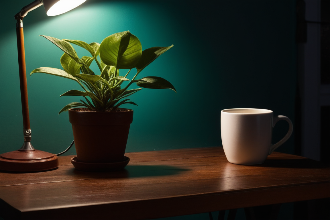 夜の机に置いた観葉植物とマグカップ