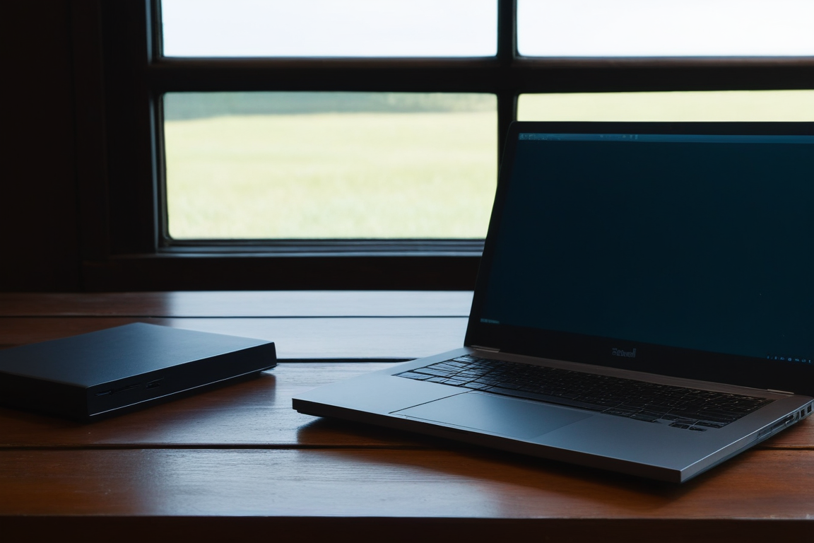 木の机の上のノートPCと外付けSSD