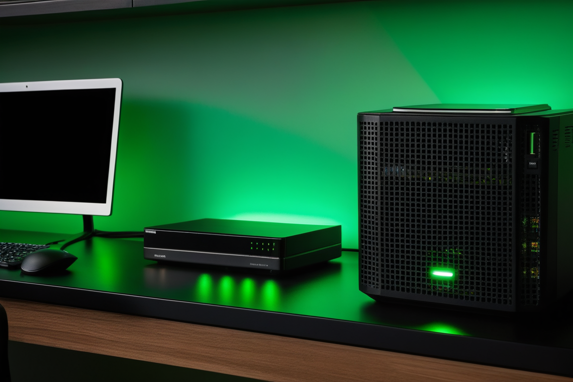 2台のノートPCと小型サーバー、ルーターが並んだ机
