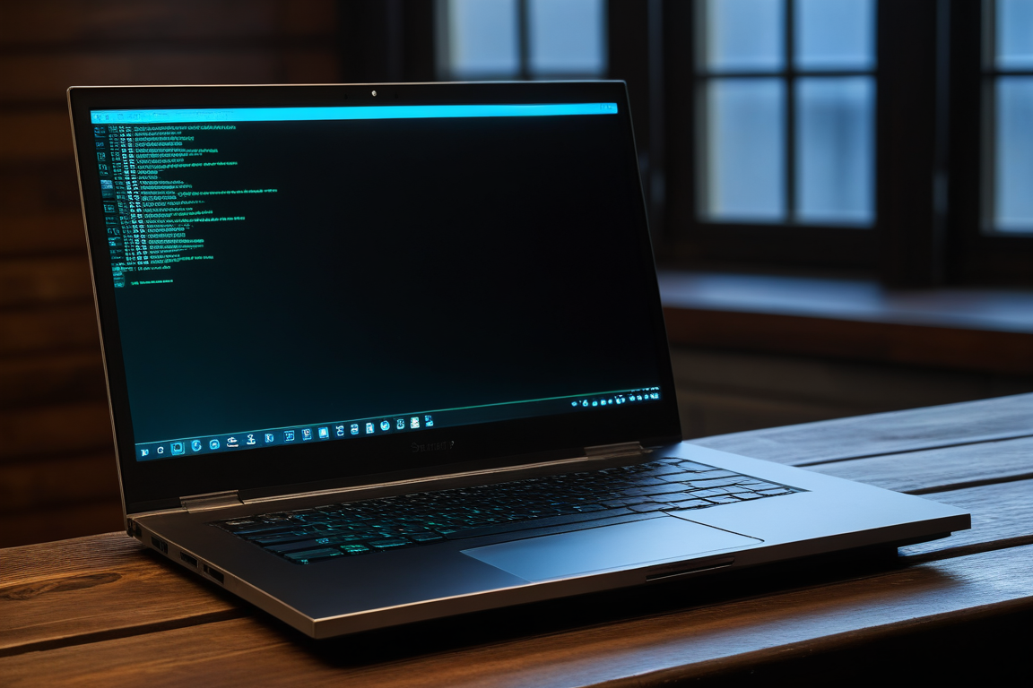 ターミナルを開いたノートPCと背後のネットワーク機器