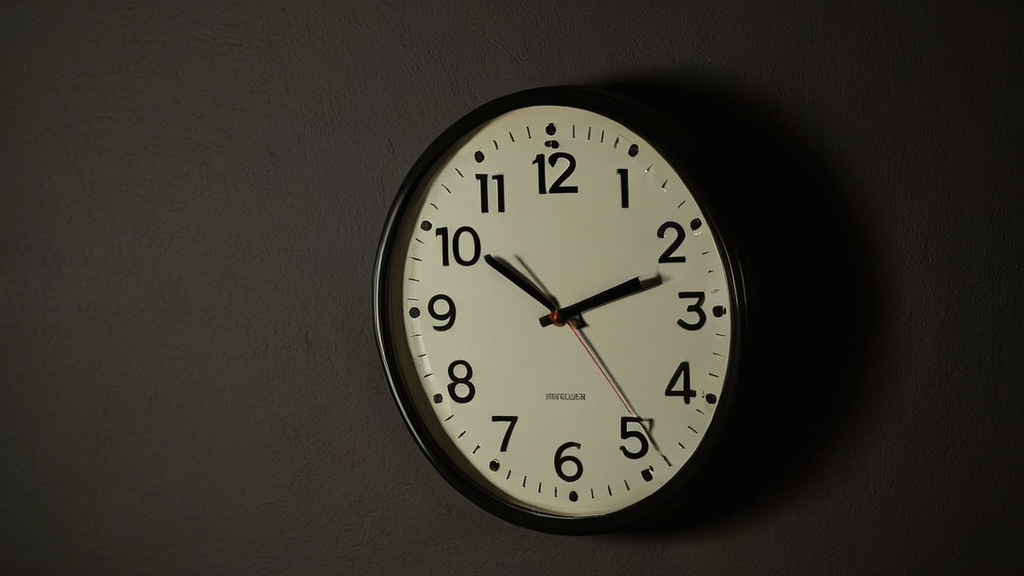 暗い壁にかかった夜の時計