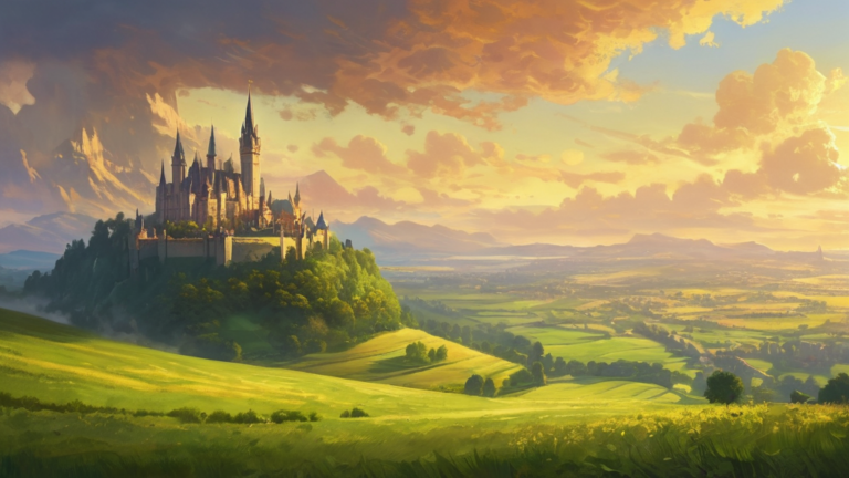朝日に照らされたファンタジーの王都の風景