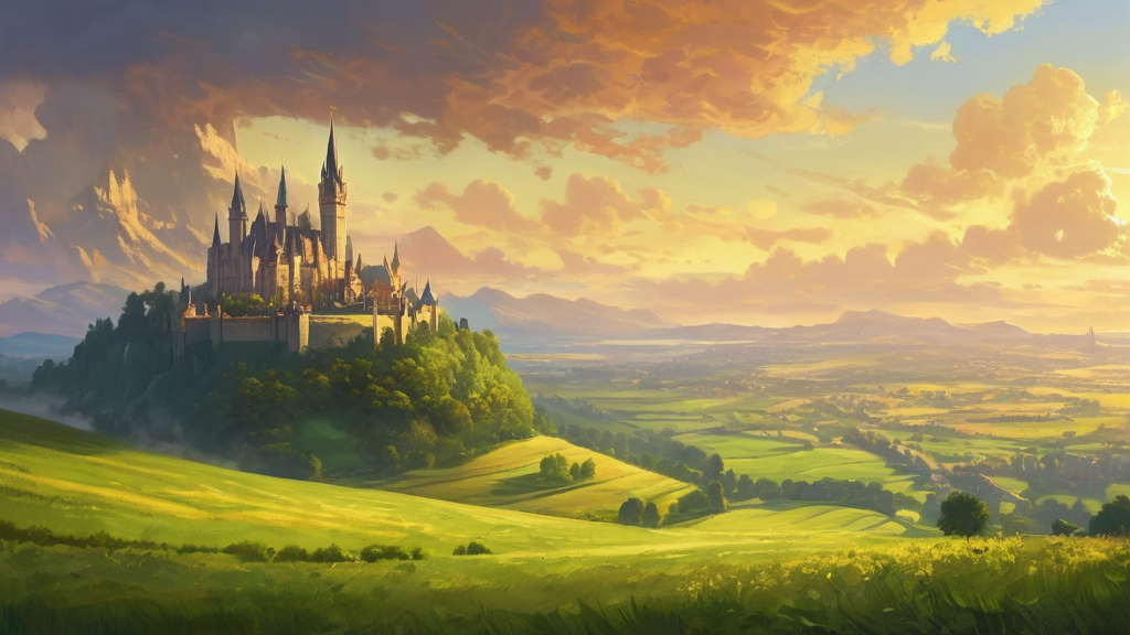 朝日に照らされたファンタジーの王都の風景