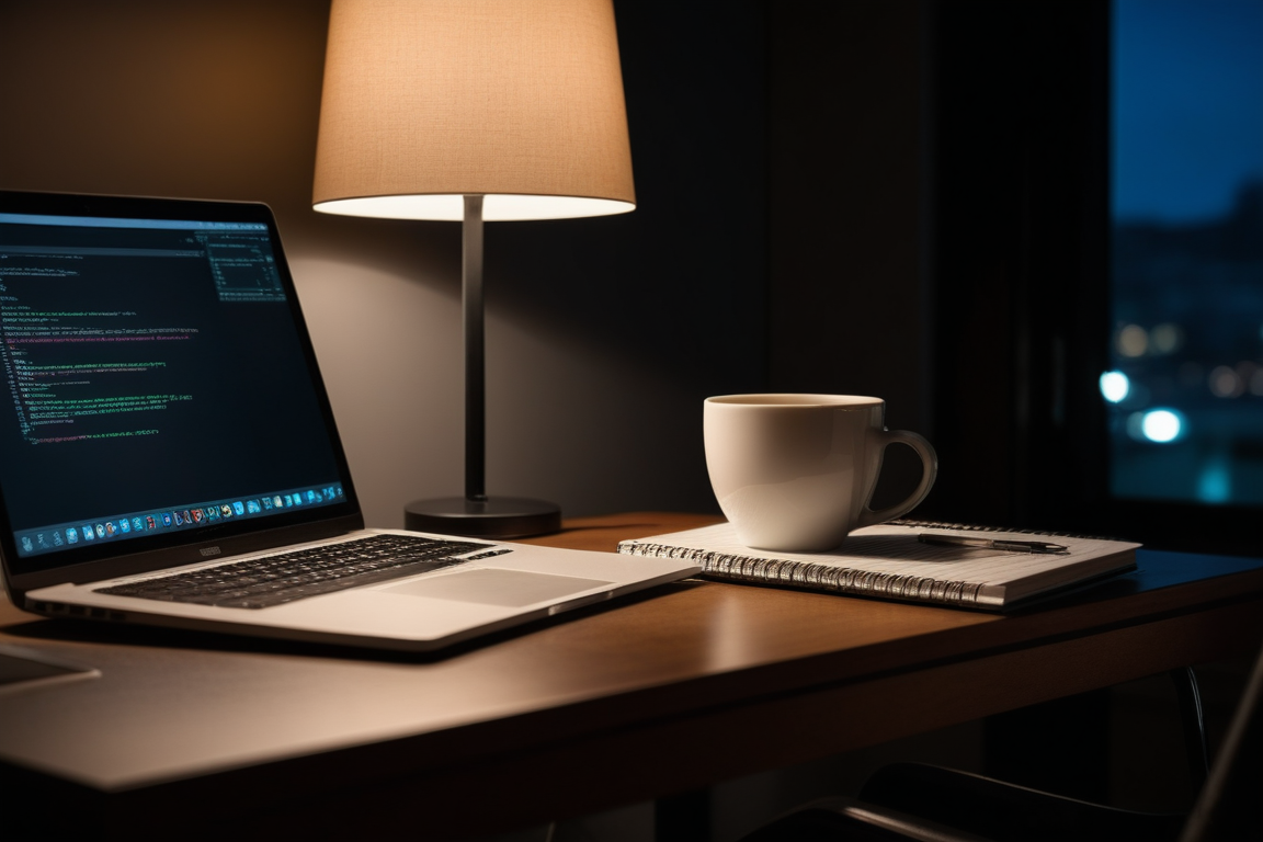夜の机に置かれたノートPCとマグカップ