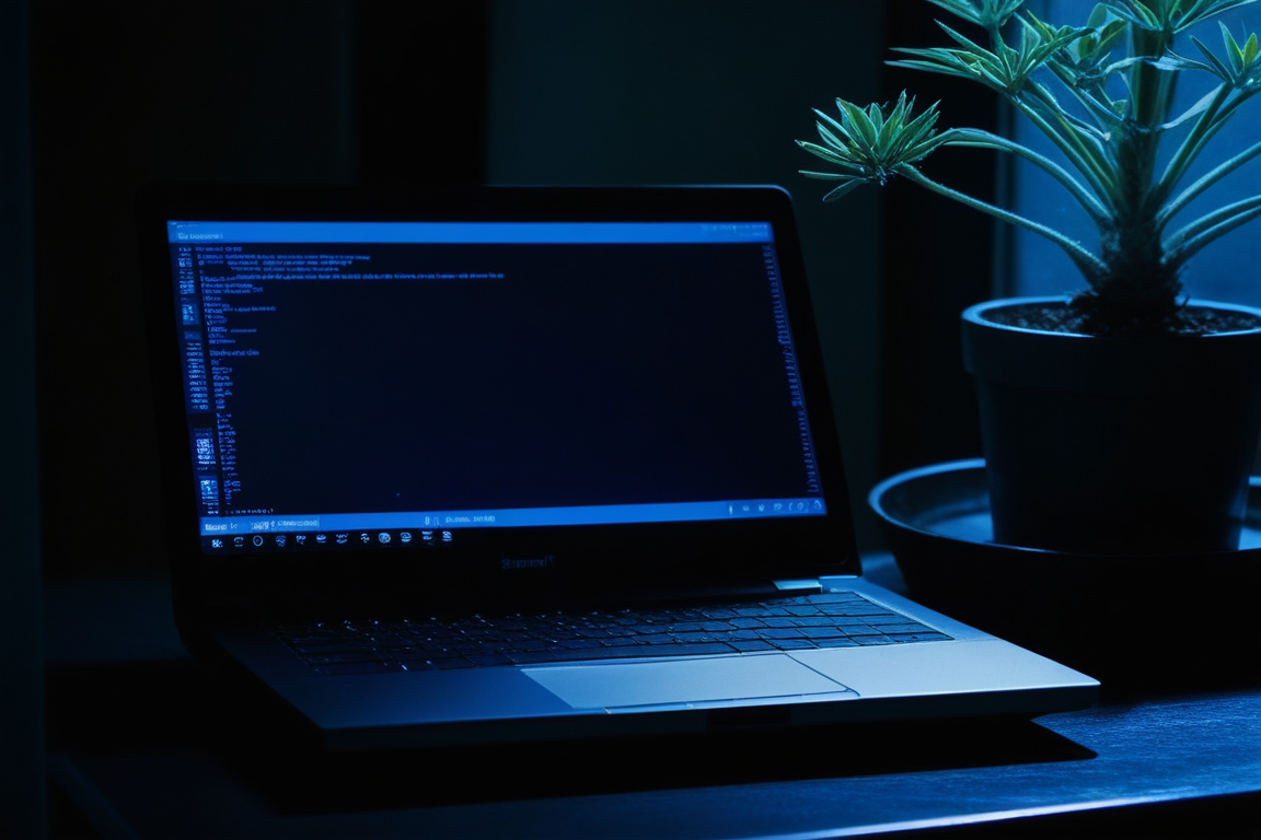 夜の机でターミナルを開いたノートPCと置き時計