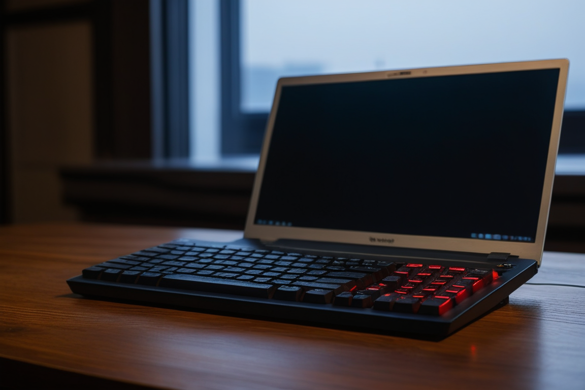 木の机のキーボードとターミナルを開いたノートPC
