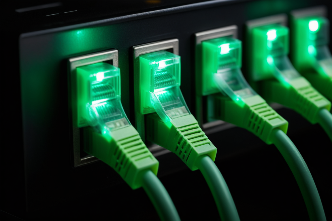 ネットワークスイッチにつながる緑のLANケーブル