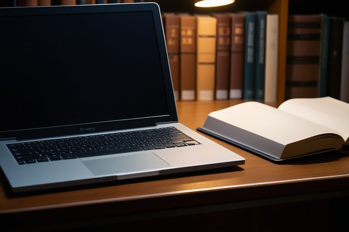 図書館の机に開いた技術書とノートPC