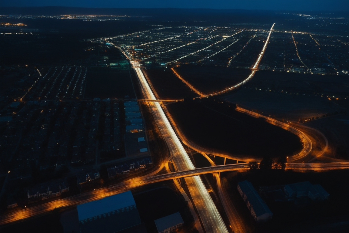 夜の街の明かりを上空から見た風景