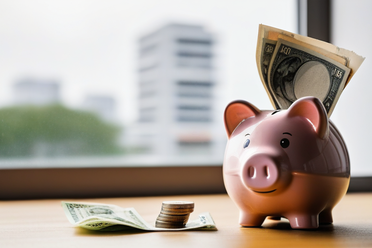 返金をイメージした貯金箱と紙幣