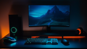 ゲームパッドやヘッドセット、ゲーミングマウスが並ぶPCゲーム環境