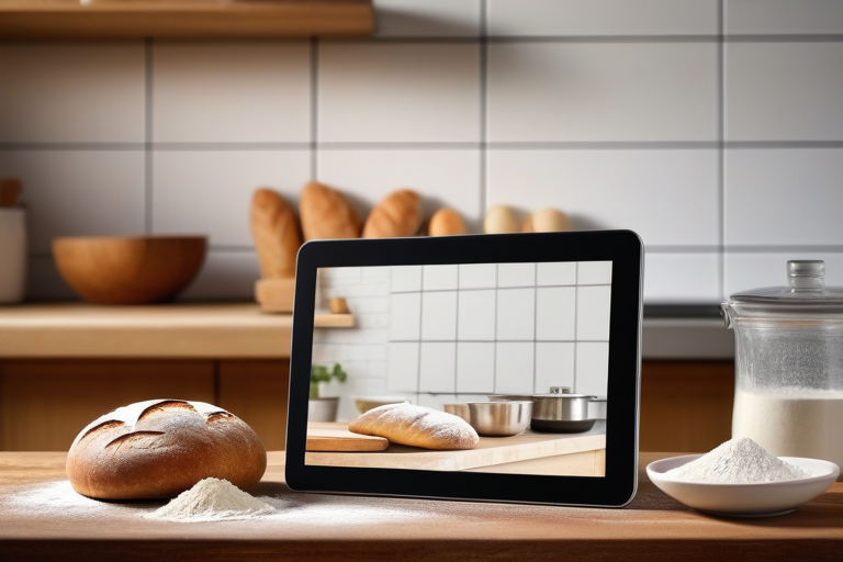 キッチンに立てかけたタブレットとパン