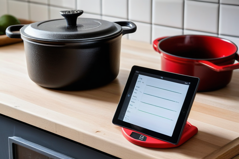 キッチンに並べた鋳物の鍋とスタンドに立てたタブレット