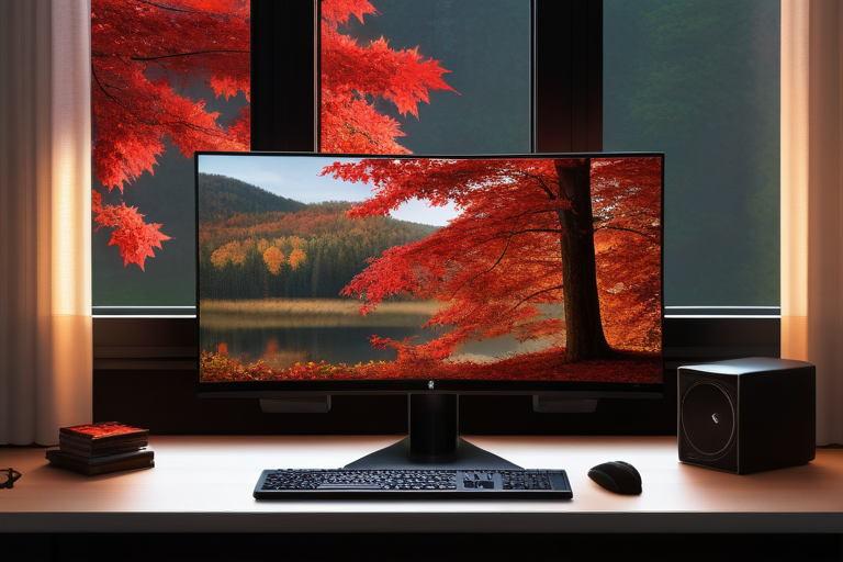 紅葉が見える窓辺のPCデスク