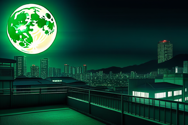 学校の屋上から見る緑の満月と夜の街