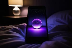 夜のベッドで占いサイトを開いたスマホ